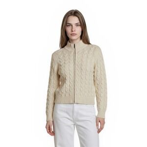 Forte Wool Cashmere Cardigan Sweater Womens Size Large Ivory Cable Knit Full Zip